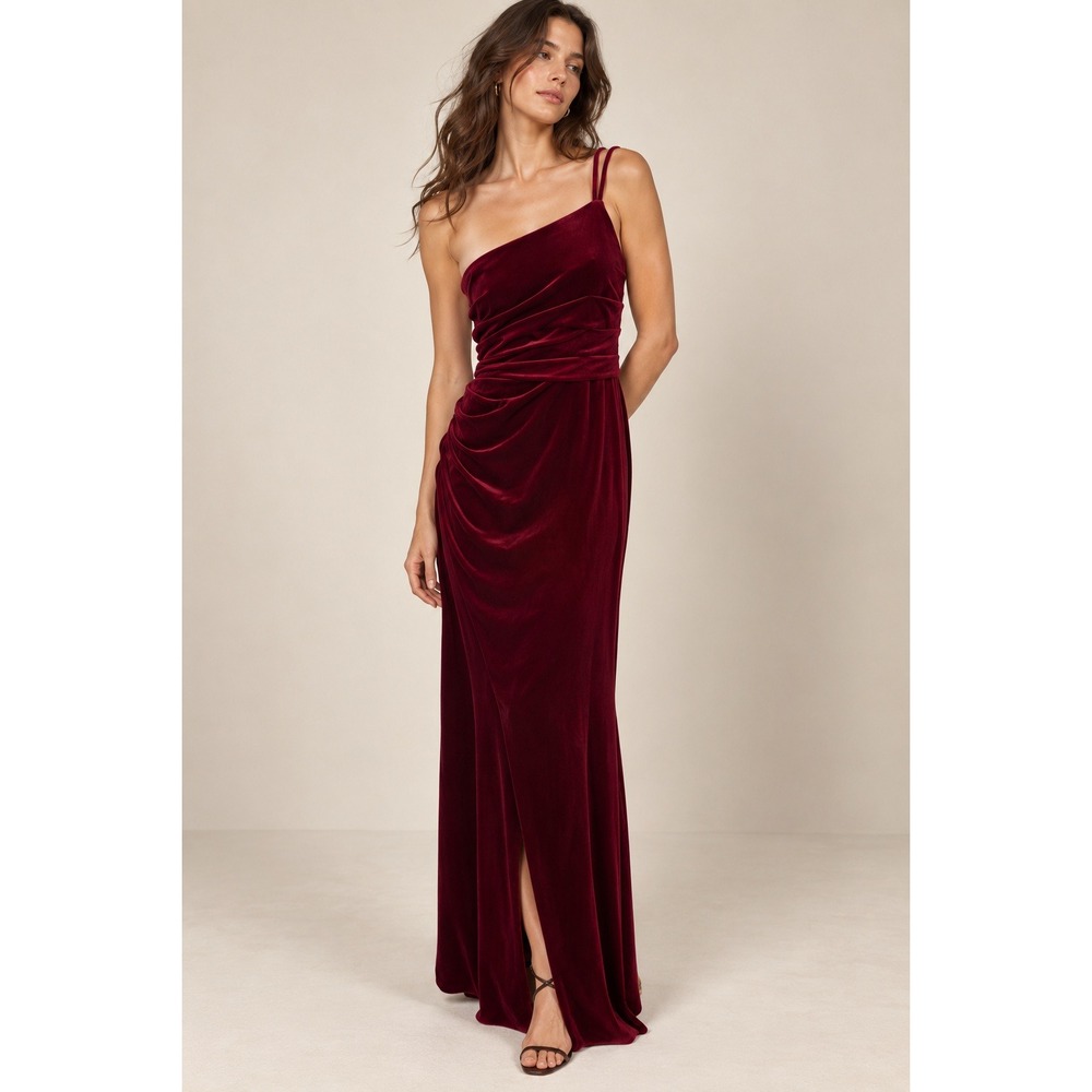 Azazie Velvet Gown Women A12 Burgundy One Shoulder Ruched Formal Dress wedding